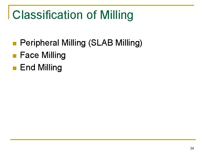Classification of Milling n n n Peripheral Milling (SLAB Milling) Face Milling End Milling Classification of Milling n n n Peripheral Milling (SLAB Milling) Face Milling End Milling
