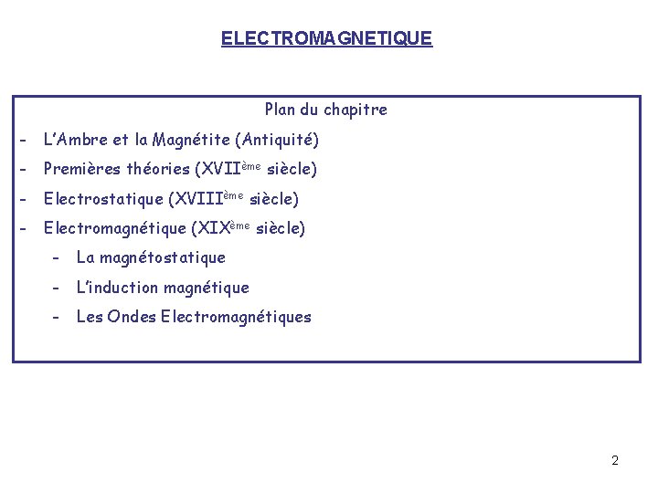 ELECTROMAGNETIQUE Plan du chapitre - L’Ambre et la Magnétite (Antiquité) - Premières théories (XVIIème