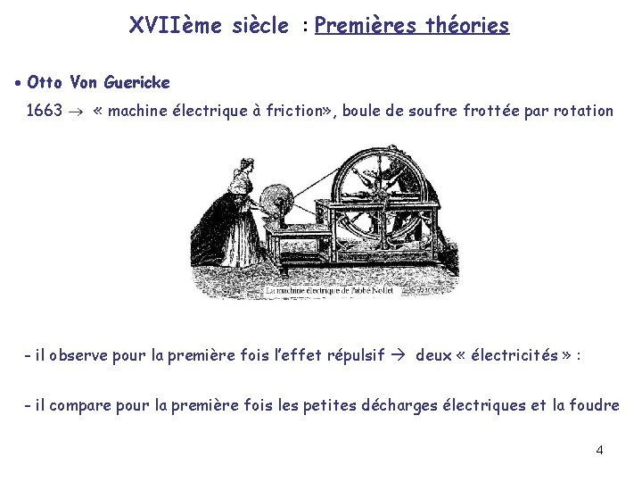 XVIIème siècle : Premières théories · Otto Von Guericke 1663 « machine électrique à