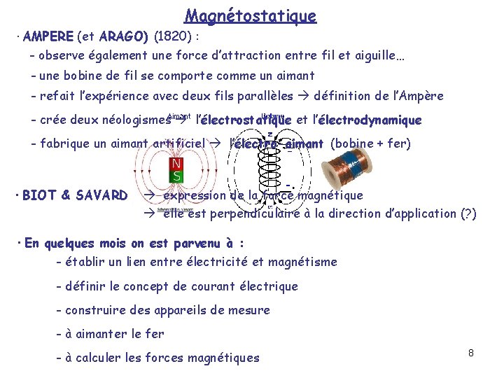 Magnétostatique ·AMPERE (et ARAGO) (1820) : - observe également une force d’attraction entre fil