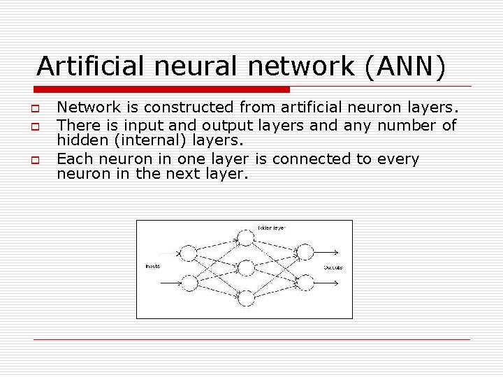 Artificial neural network (ANN) o o o Network is constructed from artificial neuron layers.