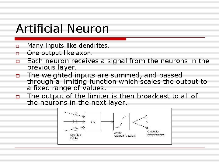 Artificial Neuron o o o Many inputs like dendrites. One output like axon. Each