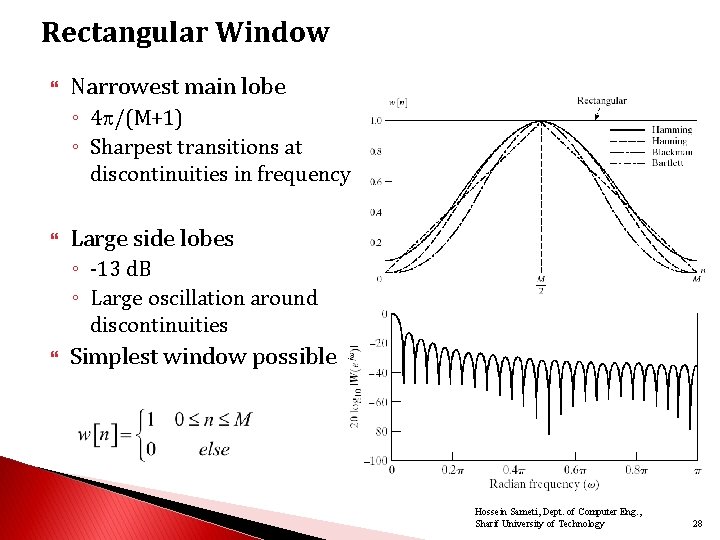 Rectangular Window Narrowest main lobe ◦ 4 /(M+1) ◦ Sharpest transitions at discontinuities in