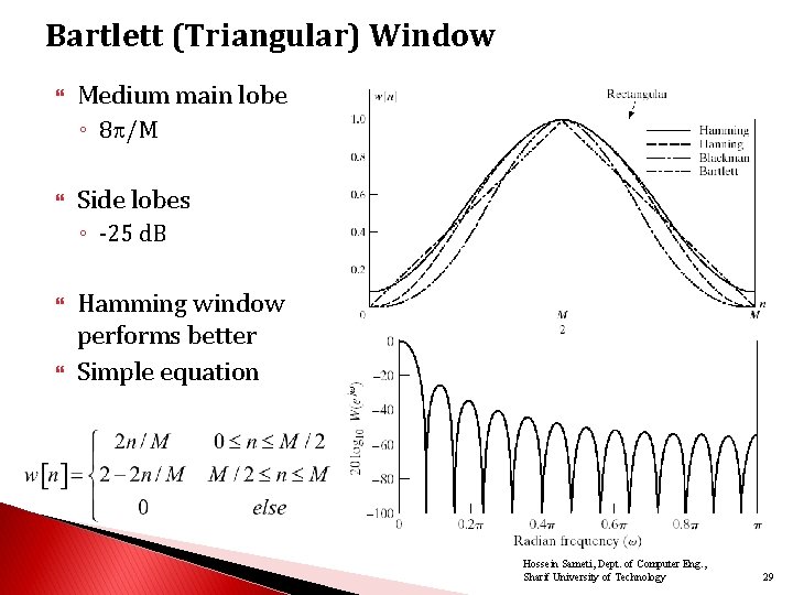 Bartlett (Triangular) Window Medium main lobe ◦ 8 /M Side lobes ◦ -25 d.