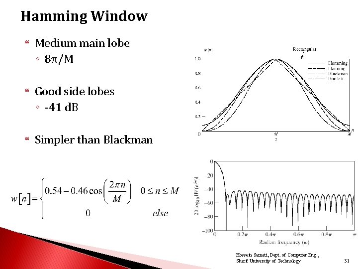 Hamming Window Medium main lobe ◦ 8 /M Good side lobes ◦ -41 d.