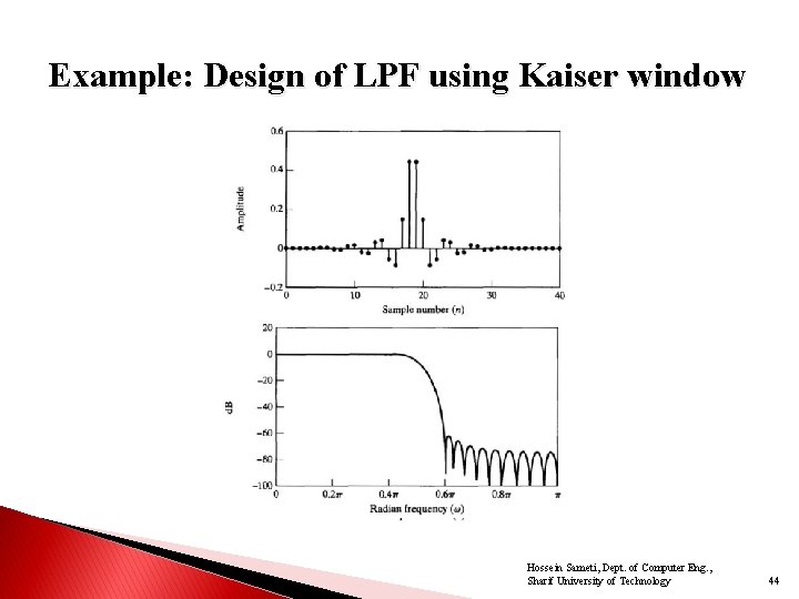 Example: Design of LPF using Kaiser window Hossein Sameti, Dept. of Computer Eng. ,