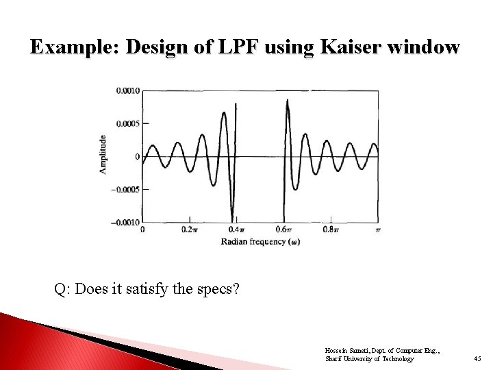 Example: Design of LPF using Kaiser window Q: Does it satisfy the specs? Hossein