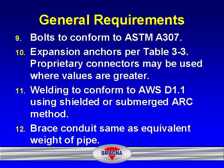 General Requirements 9. 10. 11. 12. Bolts to conform to ASTM A 307. Expansion