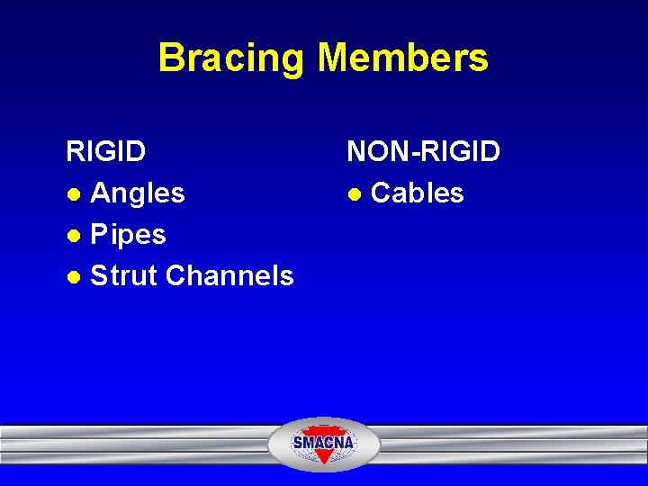 Bracing Members RIGID l Angles l Pipes l Strut Channels NON-RIGID l Cables 