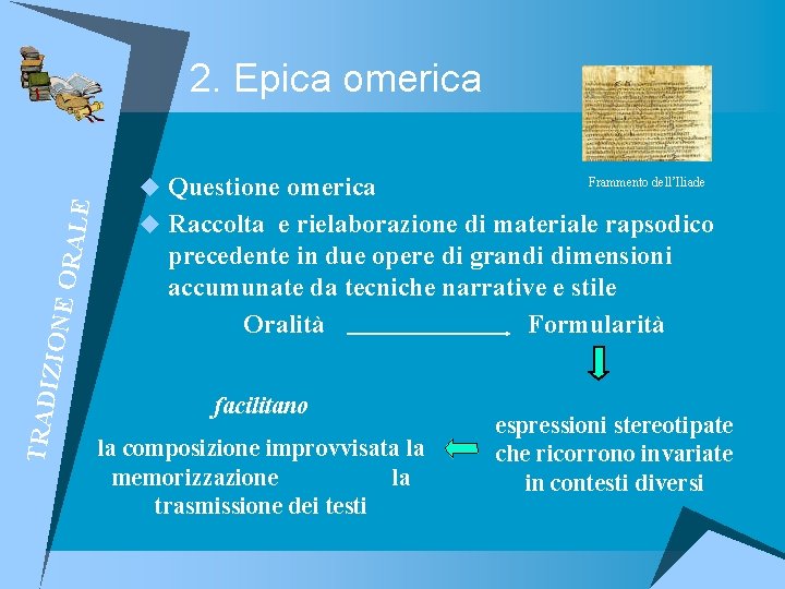  TRAD IZ IO N E ORA LE 2. Epica omerica u Questione omerica