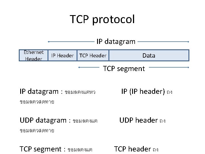 TCP protocol IP datagram Ethernet Header IP Header TCP Header Data TCP segment IP