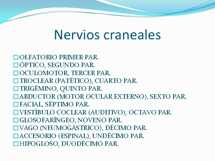 Nervios craneales �OLFATORIO PRIMER PAR. �ÓPTICO, SEGUNDO PAR. �OCULOMOTOR, TERCER PAR. �TROCLEAR (PATÉTICO), CUARTO