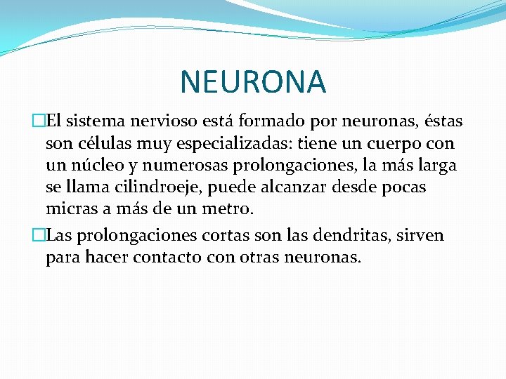 NEURONA �El sistema nervioso está formado por neuronas, éstas son células muy especializadas: tiene