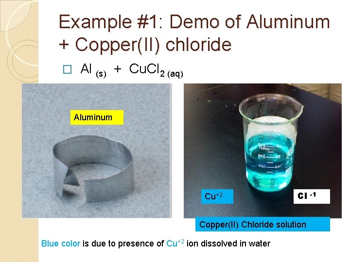 Example #1: Demo of Aluminum + Copper(II) chloride Al (s) + Cu. Cl 2