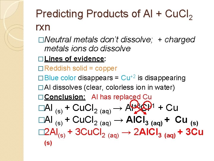 Predicting Products of Al + Cu. Cl 2 rxn �Neutral metals don’t dissolve; +