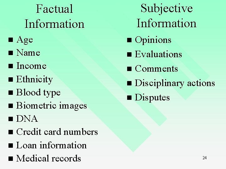 Subjective Information Factual Information Age n Name n Income n Ethnicity n Blood type Subjective Information Factual Information Age n Name n Income n Ethnicity n Blood type