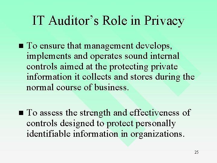 IT Auditor’s Role in Privacy n To ensure that management develops, implements and operates IT Auditor’s Role in Privacy n To ensure that management develops, implements and operates