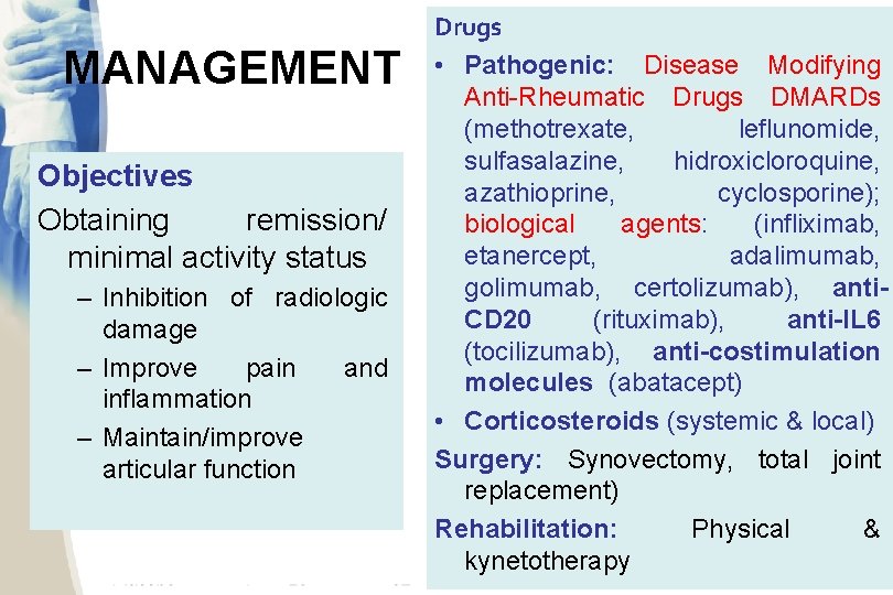MANAGEMENT Objectives Obtaining remission/ minimal activity status – Inhibition of radiologic damage – Improve