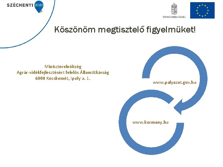 Köszönöm megtisztelő figyelmüket! Miniszterelnökség Agrár-vidékfejlesztésért felelős Államtitkárság 6000 Kecskemét, Ipoly u. 1. www. palyazat.