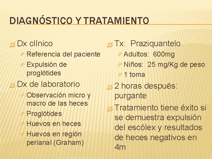 DIAGNÓSTICO Y TRATAMIENTO Dx clínico Referencia del paciente Adultos: 600 mg Expulsión de Niños: