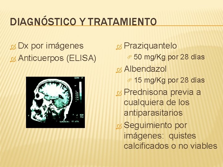 DIAGNÓSTICO Y TRATAMIENTO Dx por imágenes Anticuerpos (ELISA) Praziquantelo 50 mg/Kg por 28 días