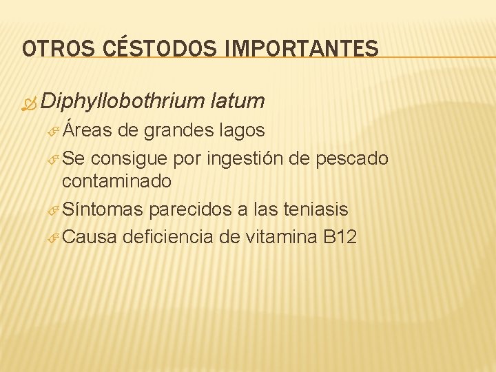 OTROS CÉSTODOS IMPORTANTES Diphyllobothrium latum Áreas de grandes lagos Se consigue por ingestión de