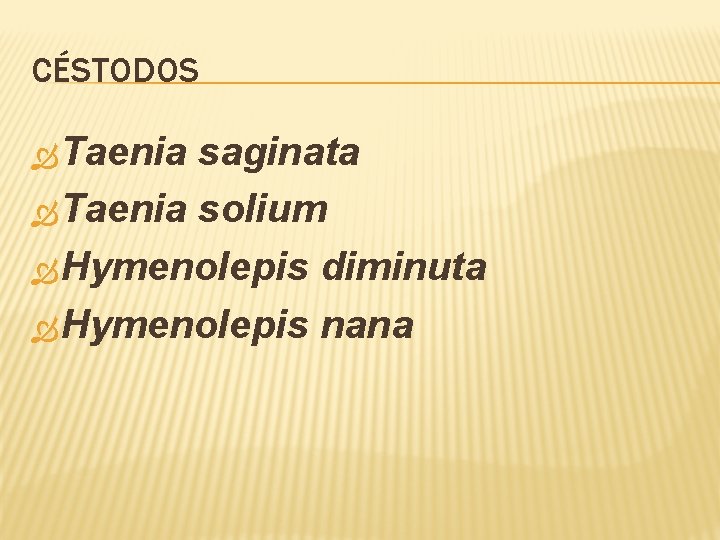 CÉSTODOS Taenia saginata Taenia solium Hymenolepis diminuta Hymenolepis nana 