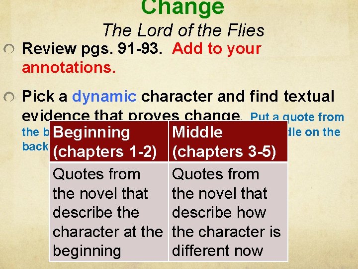 Change The Lord of the Flies Review pgs. 91 -93. Add to your annotations.