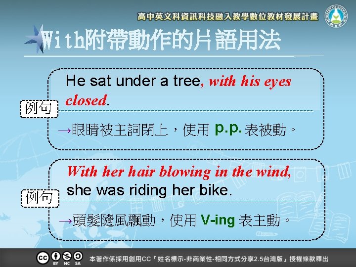 With附帶動作的片語用法 He sat under a tree, with his eyes closed. 例句 →眼睛被主詞閉上，使用 p. p.