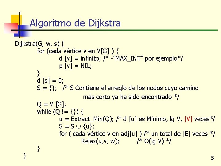 Algoritmo de Dijkstra(G, w, s) { for (cada vértice v en V[G] ) {