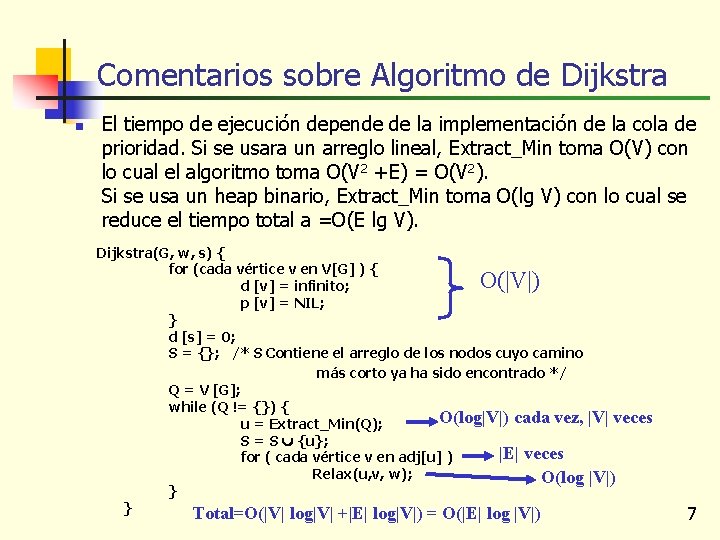 Comentarios sobre Algoritmo de Dijkstra n El tiempo de ejecución depende de la implementación