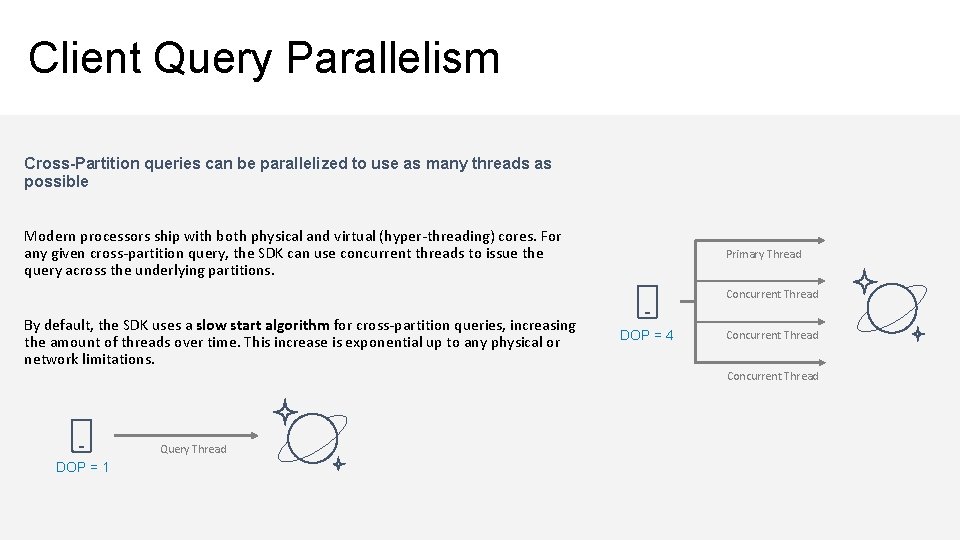 Client Query Parallelism Cross-Partition queries can be parallelized to use as many threads as