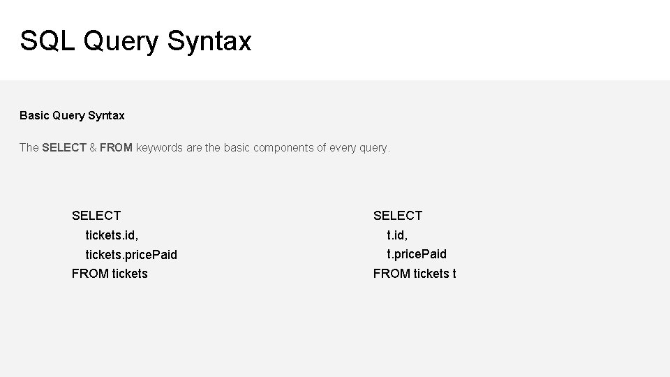 SQL Query Syntax Basic Query Syntax The SELECT & FROM keywords are the basic