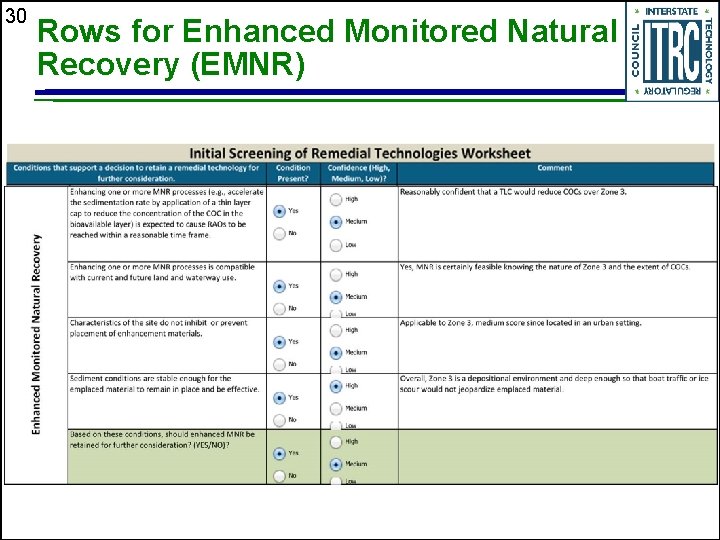 30 Rows for Enhanced Monitored Natural Recovery (EMNR) 