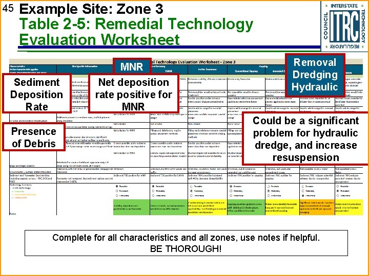 45 Example Site: Zone 3 Table 2 -5: Remedial Technology Evaluation Worksheet MNR Sediment