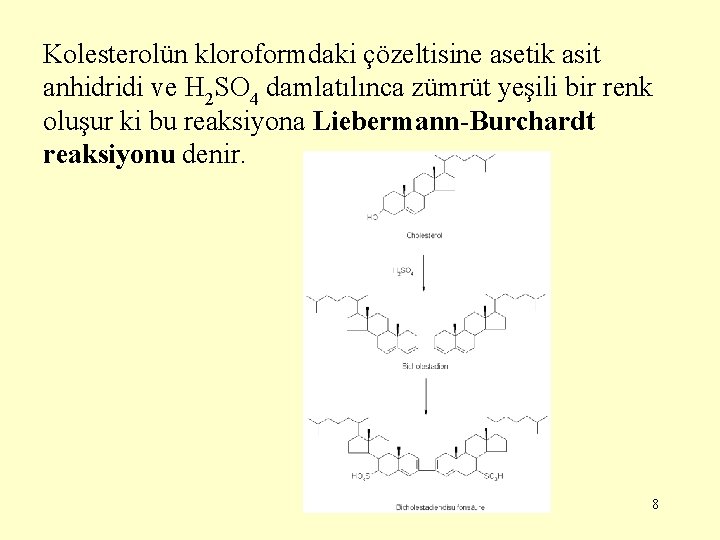 Kolesterolün kloroformdaki çözeltisine asetik asit anhidridi ve H 2 SO 4 damlatılınca zümrüt yeşili