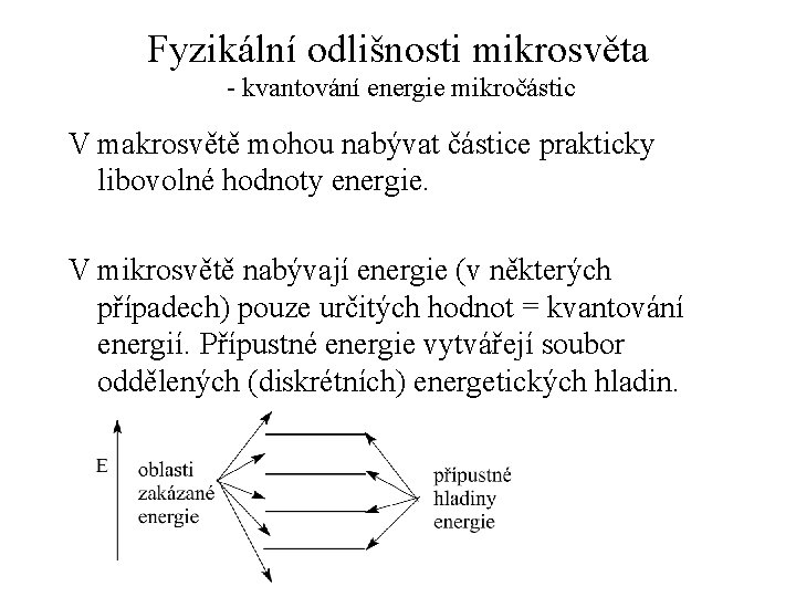 Fyzikální odlišnosti mikrosvěta - kvantování energie mikročástic V makrosvětě mohou nabývat částice prakticky libovolné