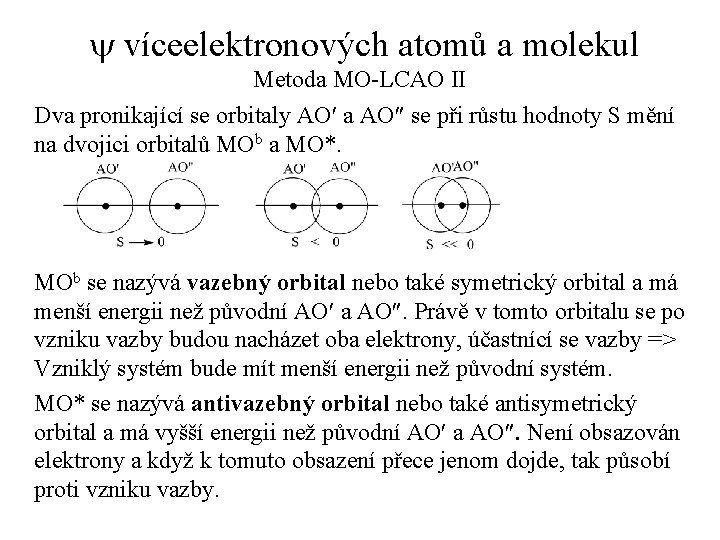 y víceelektronových atomů a molekul Metoda MO-LCAO II Dva pronikající se orbitaly AO¢ a