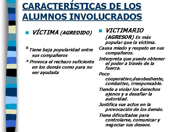 CARACTERÍSTICAS DE LOS ALUMNOS INVOLUCRADOS n VÍCTIMA (AGREDIDO) *Tiene baja popularidad entre sus compañeros