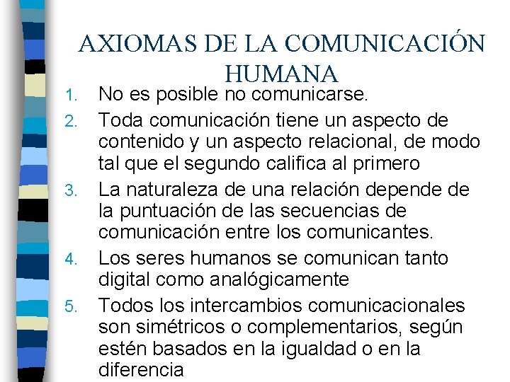 1. 2. 3. 4. 5. AXIOMAS DE LA COMUNICACIÓN HUMANA No es posible no