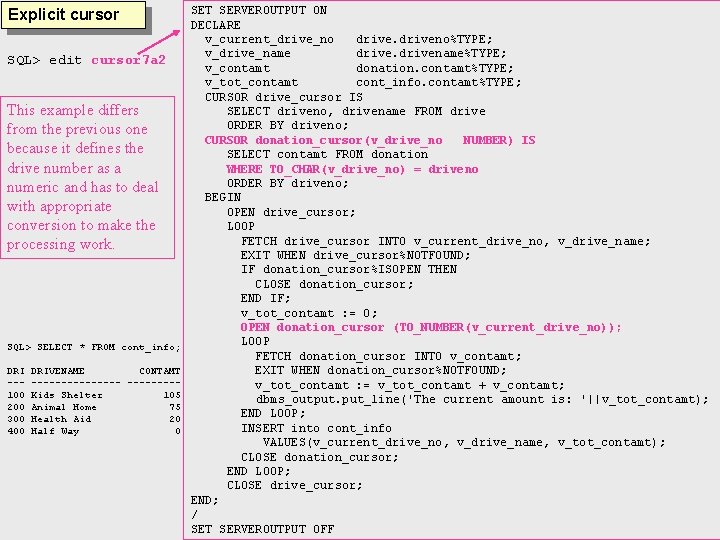 Explicit cursor SQL> edit cursor 7 a 2 This example differs from the previous