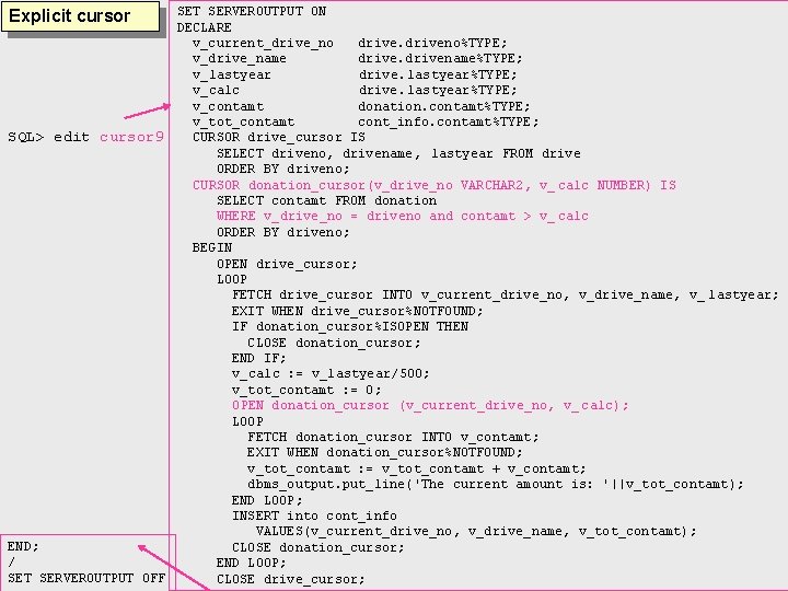 SET SERVEROUTPUT ON DECLARE v_current_drive_no driveno%TYPE; v_drive_name drivename%TYPE; v_lastyear drive. lastyear%TYPE; v_calc drive. lastyear%TYPE;