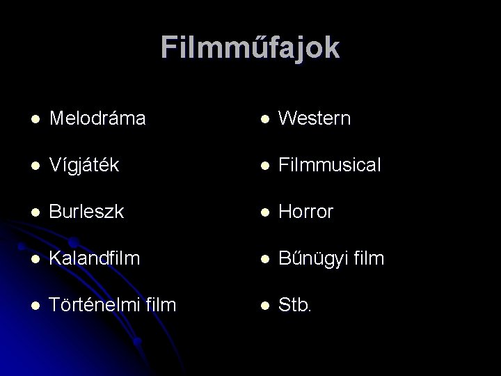 Filmműfajok l Melodráma l Western l Vígjáték l Filmmusical l Burleszk l Horror l