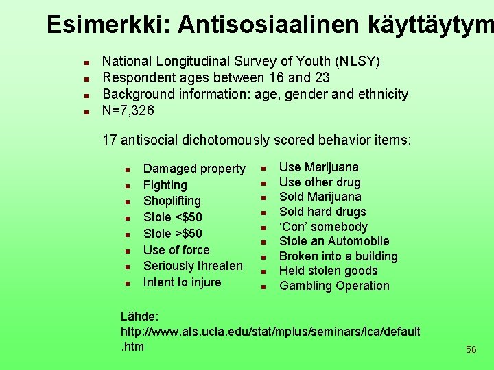 Esimerkki: Antisosiaalinen käyttäytym n n National Longitudinal Survey of Youth (NLSY) Respondent ages between