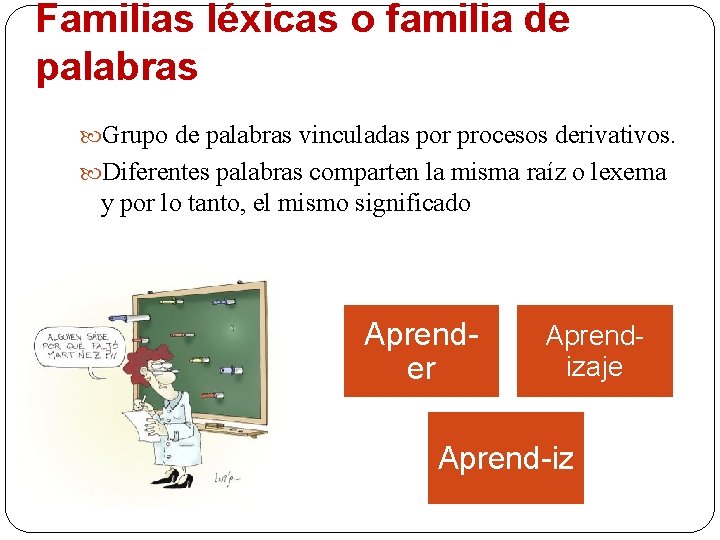 Familias léxicas o familia de palabras Grupo de palabras vinculadas por procesos derivativos. Diferentes Familias léxicas o familia de palabras Grupo de palabras vinculadas por procesos derivativos. Diferentes