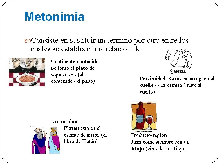 Metonimia Consiste en sustituir un término por otro entre los cuales se establece una Metonimia Consiste en sustituir un término por otro entre los cuales se establece una