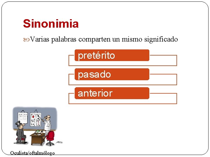 Sinonimia Varias palabras comparten un mismo significado pretérito pasado anterior Oculista/oftalmólogo Sinonimia Varias palabras comparten un mismo significado pretérito pasado anterior Oculista/oftalmólogo