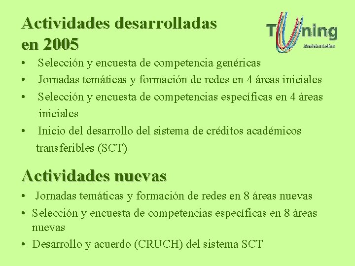 Actividades desarrolladas en 2005 • • • Selección y encuesta de competencia genéricas Jornadas Actividades desarrolladas en 2005 • • • Selección y encuesta de competencia genéricas Jornadas