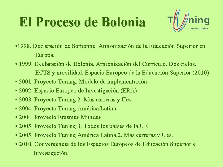 El Proceso de Bolonia • 1998. Declaración de Sorbonne. Armonización de la Educación Superior El Proceso de Bolonia • 1998. Declaración de Sorbonne. Armonización de la Educación Superior