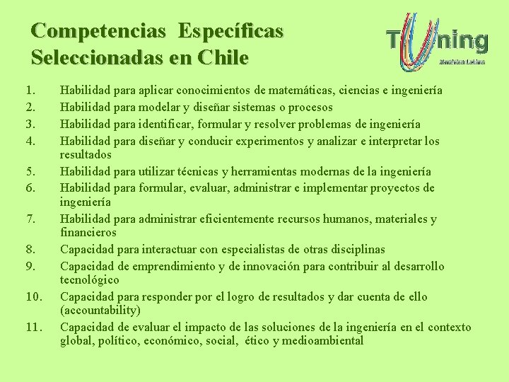 Competencias Específicas Seleccionadas en Chile 1. 2. 3. 4. 5. 6. 7. 8. 9. Competencias Específicas Seleccionadas en Chile 1. 2. 3. 4. 5. 6. 7. 8. 9.